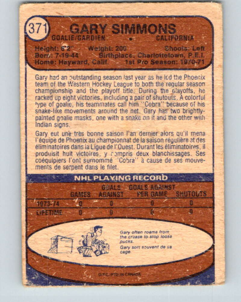 1974-75 O-Pee-Chee #371 Gary Simmons  RC Rookie California Golden Seals  V5090