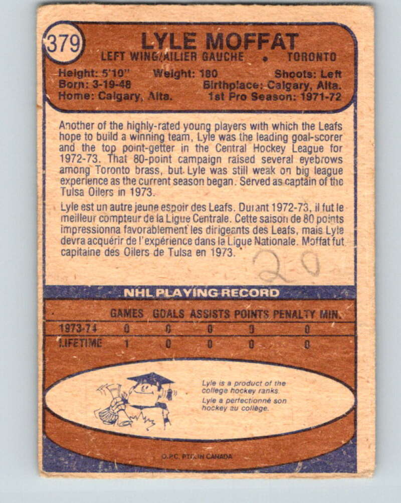 1974-75 O-Pee-Chee #379 Lyle Moffat  RC Rookie Toronto Maple Leafs  V5101
