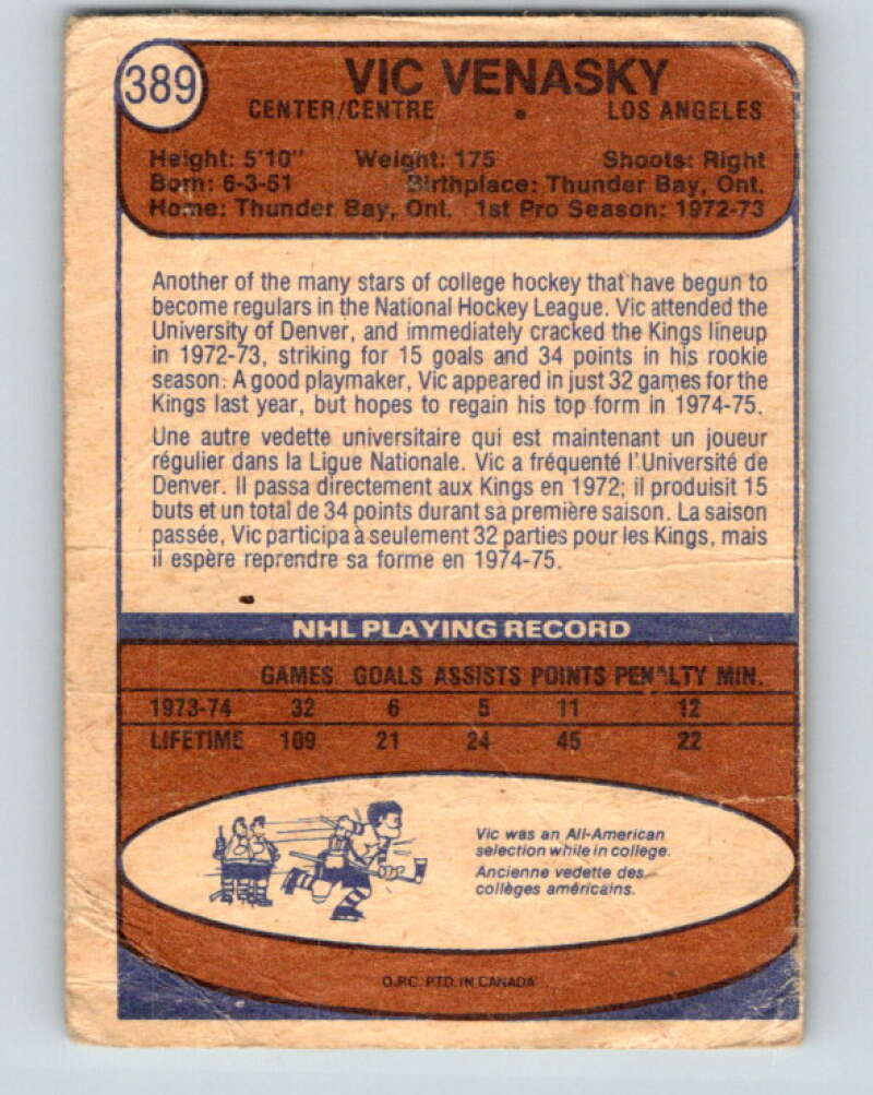 1974-75 O-Pee-Chee #389 Vic Venasky  RC Rookie Los Angeles Kings  V5117