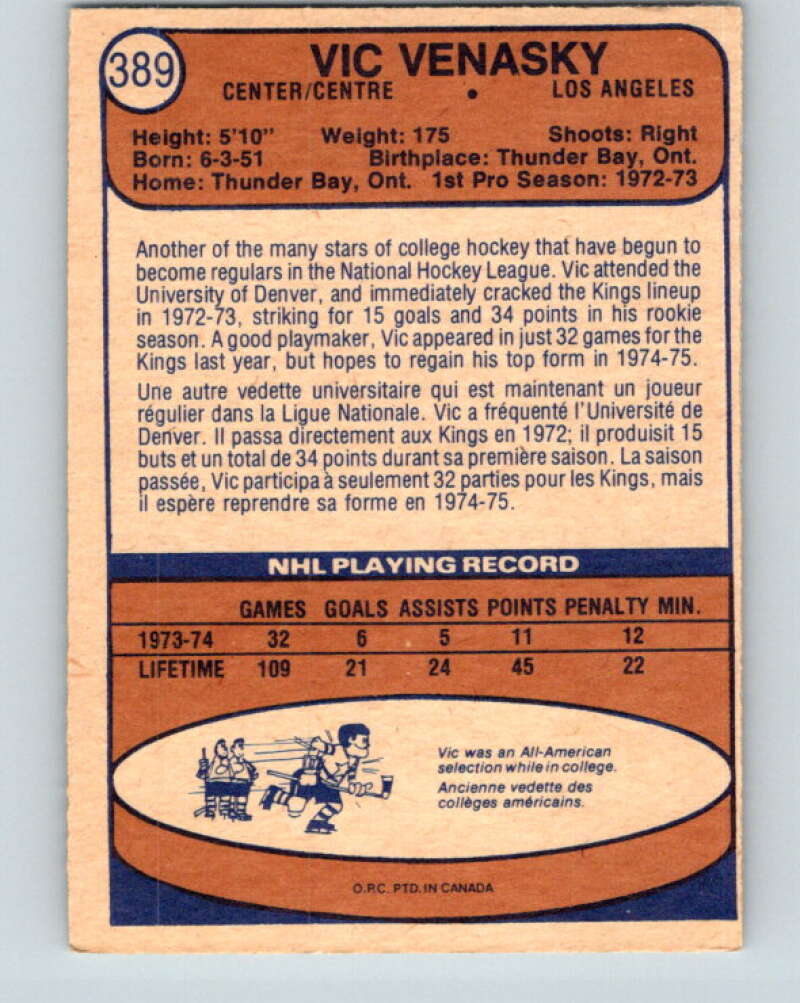 1974-75 O-Pee-Chee #389 Vic Venasky  RC Rookie Los Angeles Kings  V5118