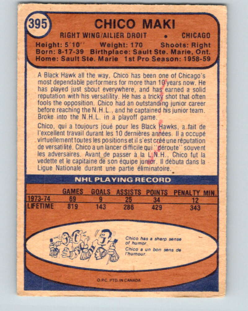 1974-75 O-Pee-Chee #395 Chico Maki  Chicago Blackhawks  V5126