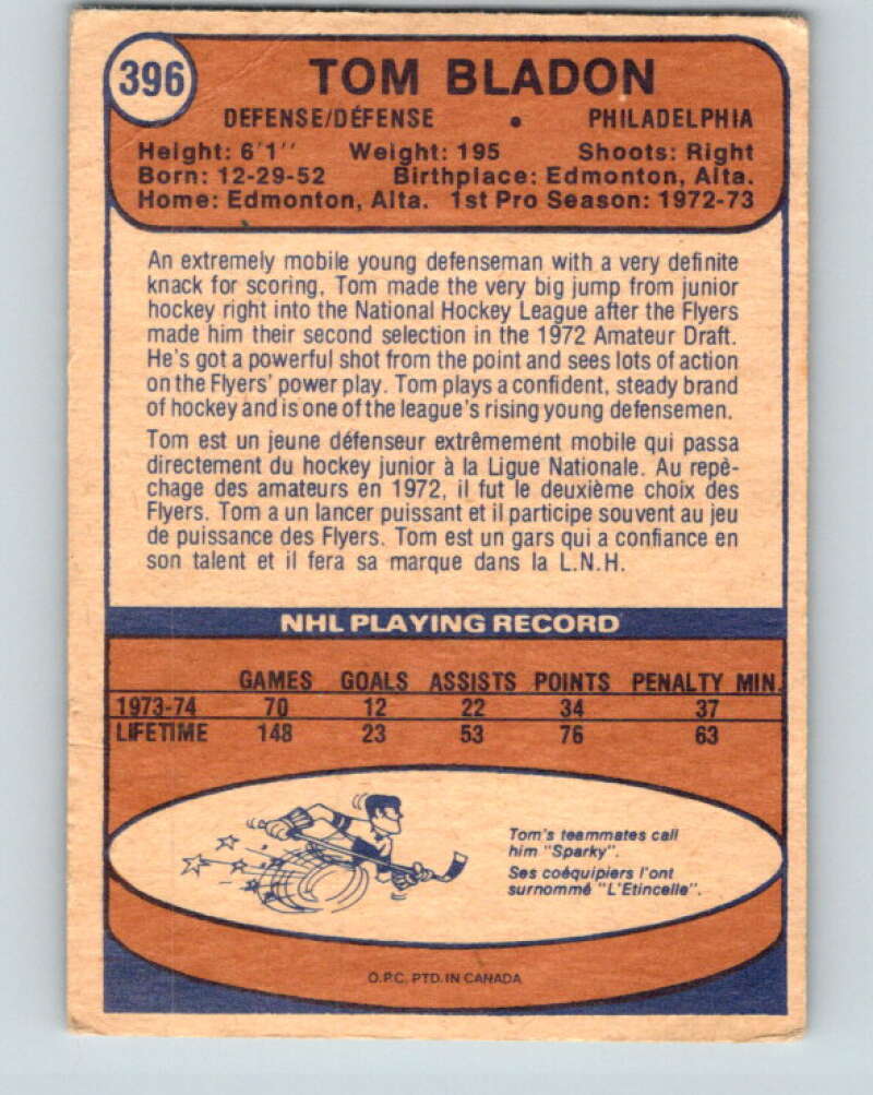 1974-75 O-Pee-Chee #396 Tom Bladon  RC Rookie Philadelphia Flyers  V5128