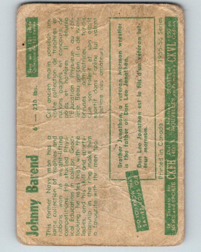 1955 Parkhurst #2 Johnny Barend Wrestling Sports Vintage Card V5130