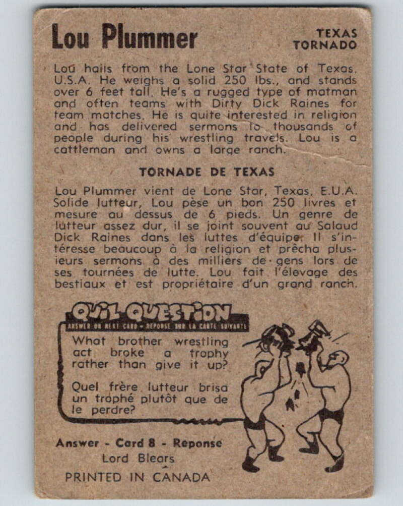 1954 Parkhurst #9 Lou Plummer Wrestling Vintage Sports Card  V5134