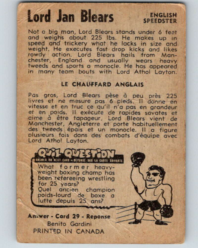 1954 Parkhurst #30 Lord Jan Blears Wrestling Vintage Sports Card  V5153