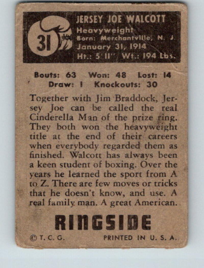 1951 Topps Ringside #31 Jersey Joe Walcott Vintage Boxing V5162