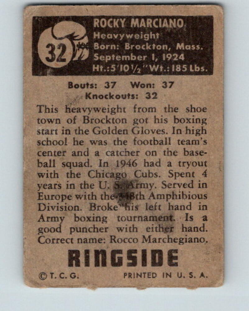 1951 Topps Ringside #32 Rocky Marciano Heavyweight Vintage Boxing V5163