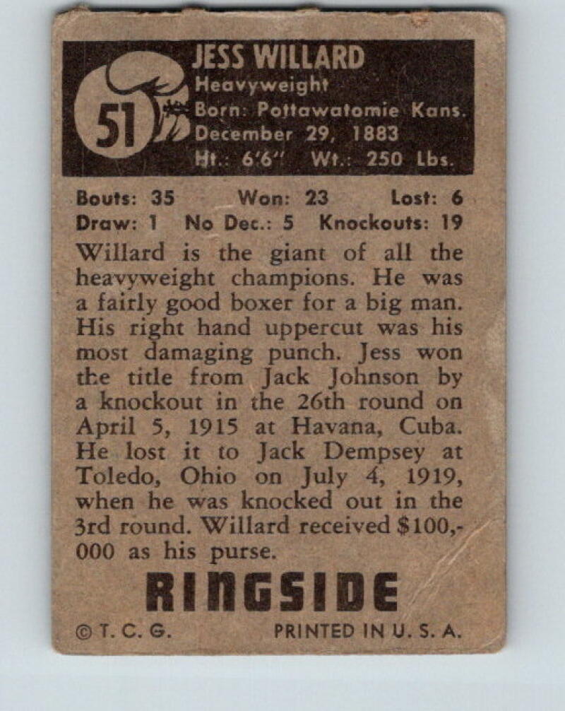 1951 Topps Ringside #51 Jess Willard Champion Vintage Boxing V5166