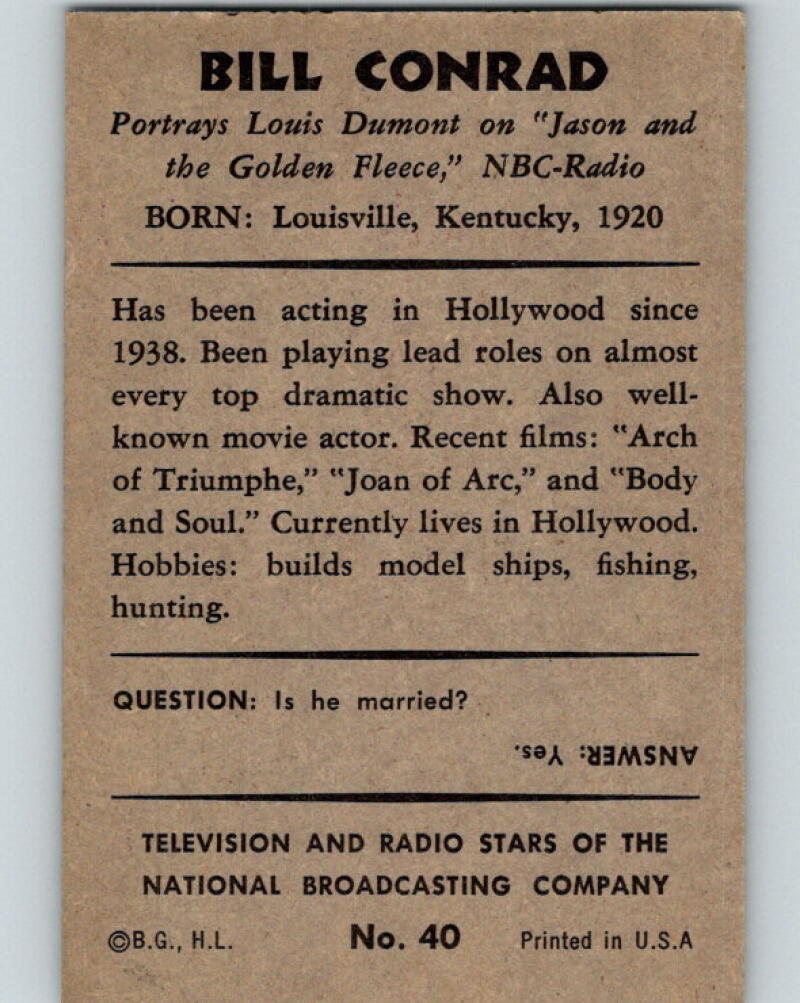 1953 Bowman Television and Radio Stars of the NBC #40 Bill Conrad V5177