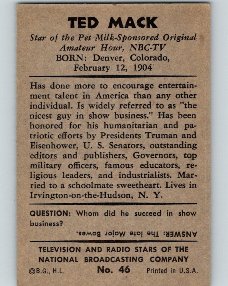 1953 Bowman Television and Radio Stars of the NBC #46 Ted Mack V5179