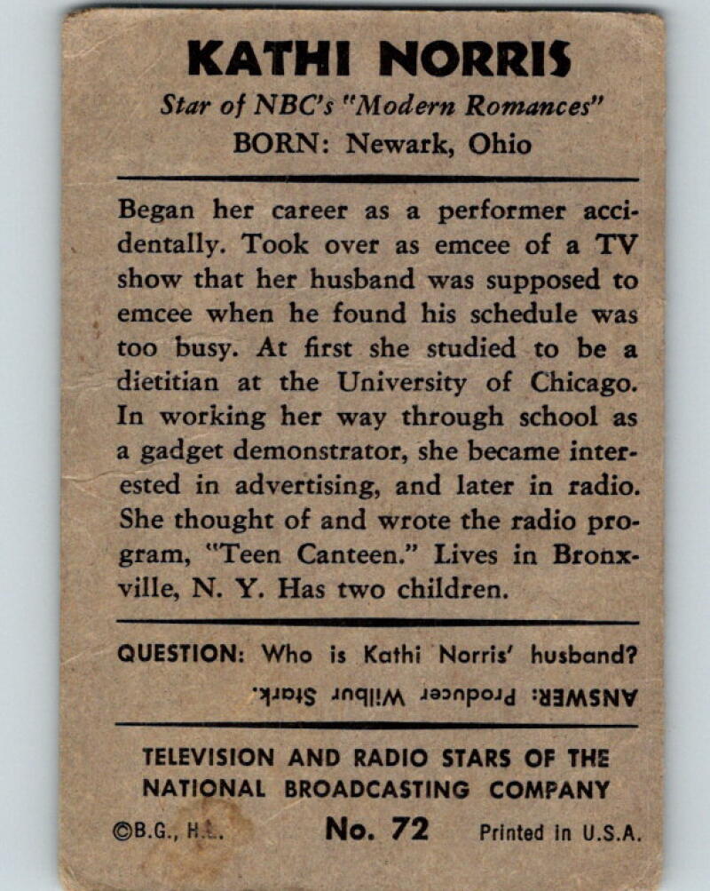 1953 Bowman Television and Radio Stars of the NBC #72 Kathi Norris V5180