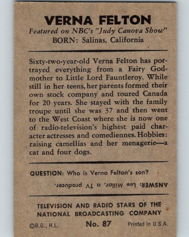 1953 Bowman Television and Radio Stars of the NBC #87 Verna Felton V5183
