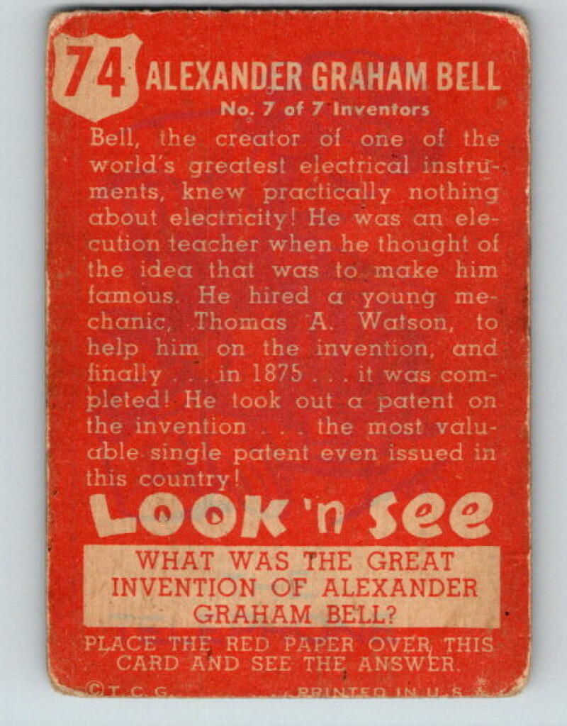 1952 Topps Look 'n See #74 Alexander Graham Bell Inventor Vintage V5187