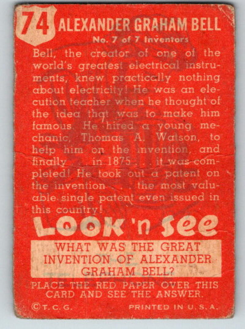 1952 Topps Look 'n See #74 Alexander Graham Bell Inventor Vintage V5188