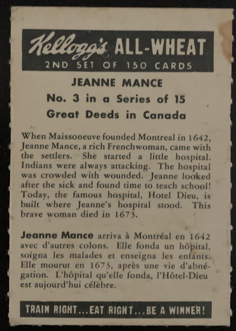 1946 Kellogg's All-Weat #3 Jeanne Mance Vintage Card V5189