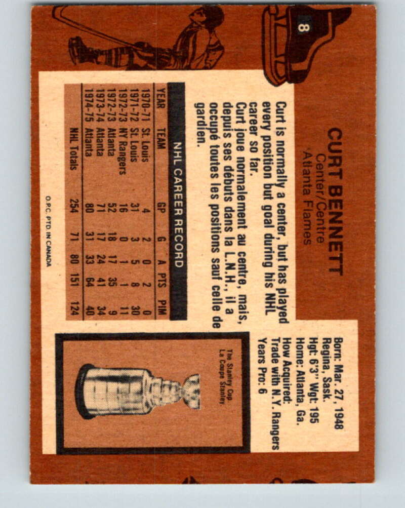 1975-76 O-Pee-Chee #8 Curt Bennett  Atlanta Flames  V5232