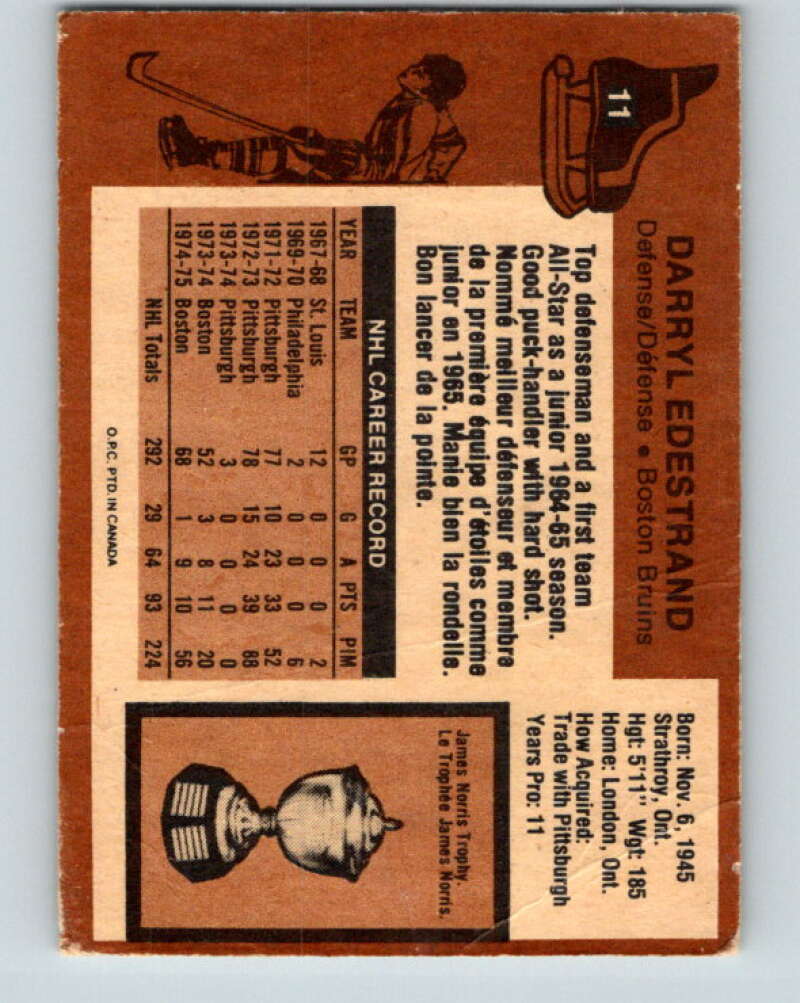1975-76 O-Pee-Chee #11 Darryl Edestrand  Boston Bruins  V5243