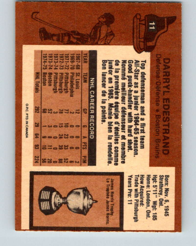 1975-76 O-Pee-Chee #11 Darryl Edestrand  Boston Bruins  V5244