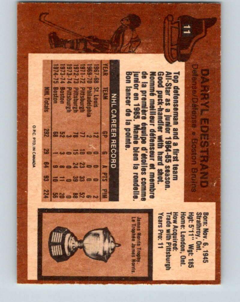 1975-76 O-Pee-Chee #11 Darryl Edestrand  Boston Bruins  V5245