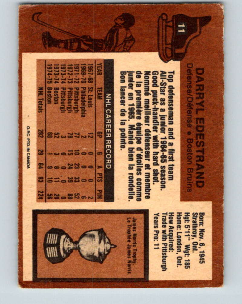 1975-76 O-Pee-Chee #11 Darryl Edestrand  Boston Bruins  V5246