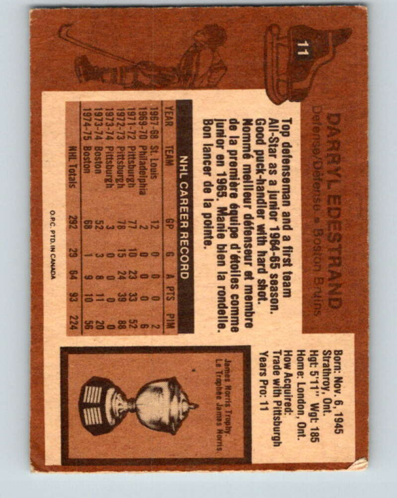 1975-76 O-Pee-Chee #11 Darryl Edestrand  Boston Bruins  V5247