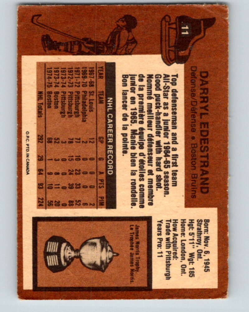 1975-76 O-Pee-Chee #11 Darryl Edestrand  Boston Bruins  V5248