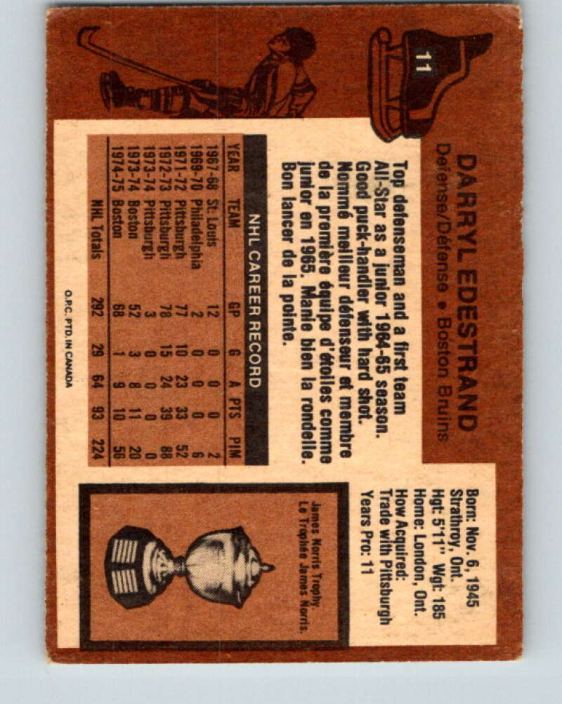 1975-76 O-Pee-Chee #11 Darryl Edestrand  Boston Bruins  V5249