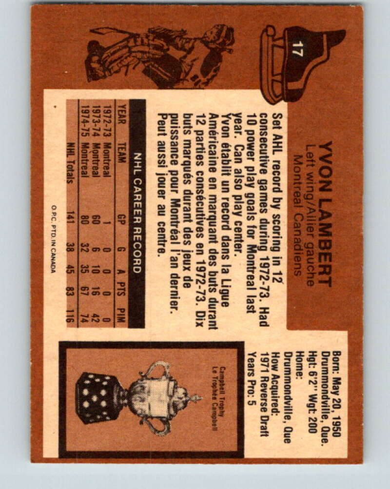 1975-76 O-Pee-Chee #17 Yvon Lambert  Montreal Canadiens  V5265