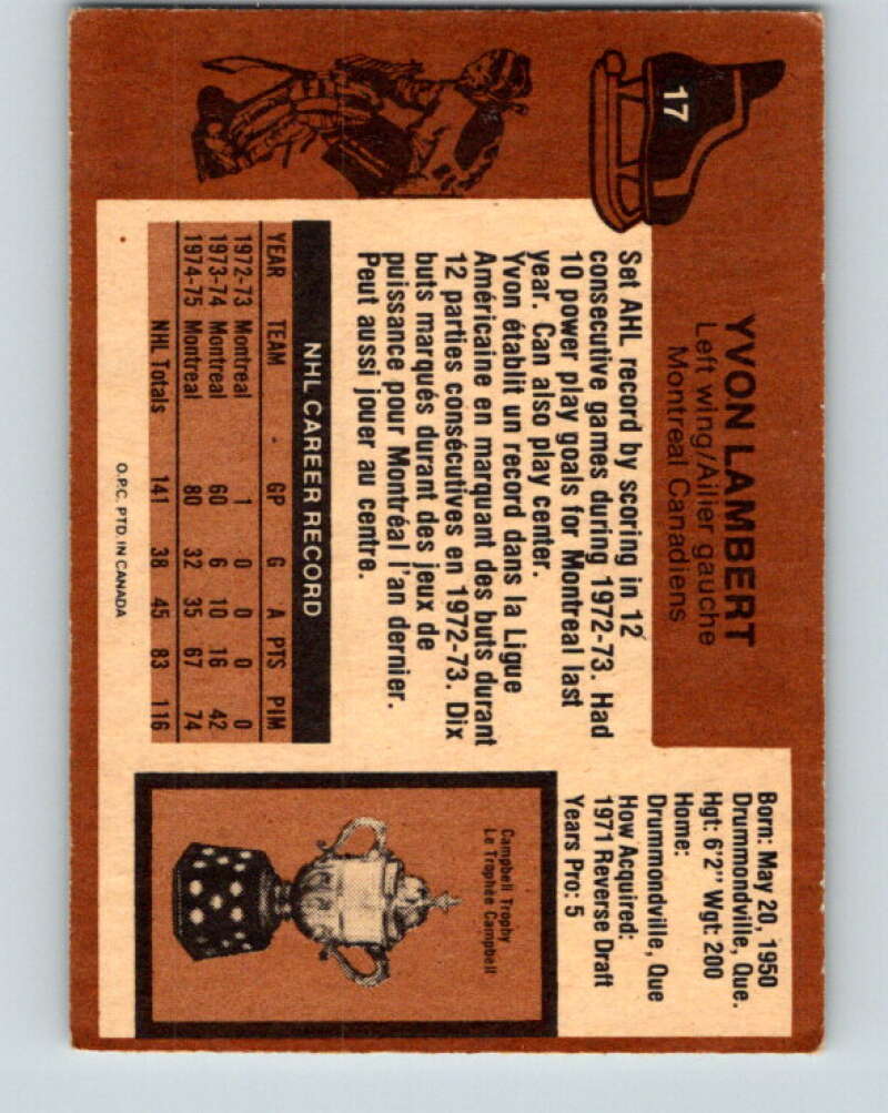 1975-76 O-Pee-Chee #17 Yvon Lambert  Montreal Canadiens  V5267