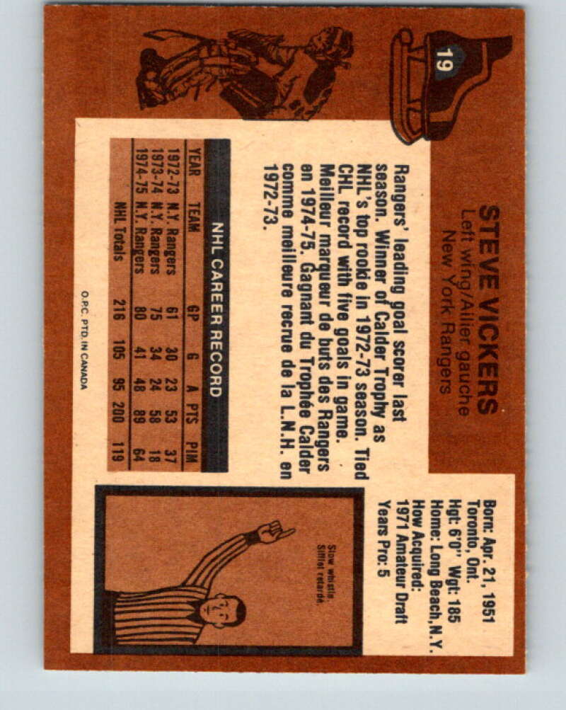 1975-76 O-Pee-Chee #19 Steve Vickers  New York Rangers  V5278