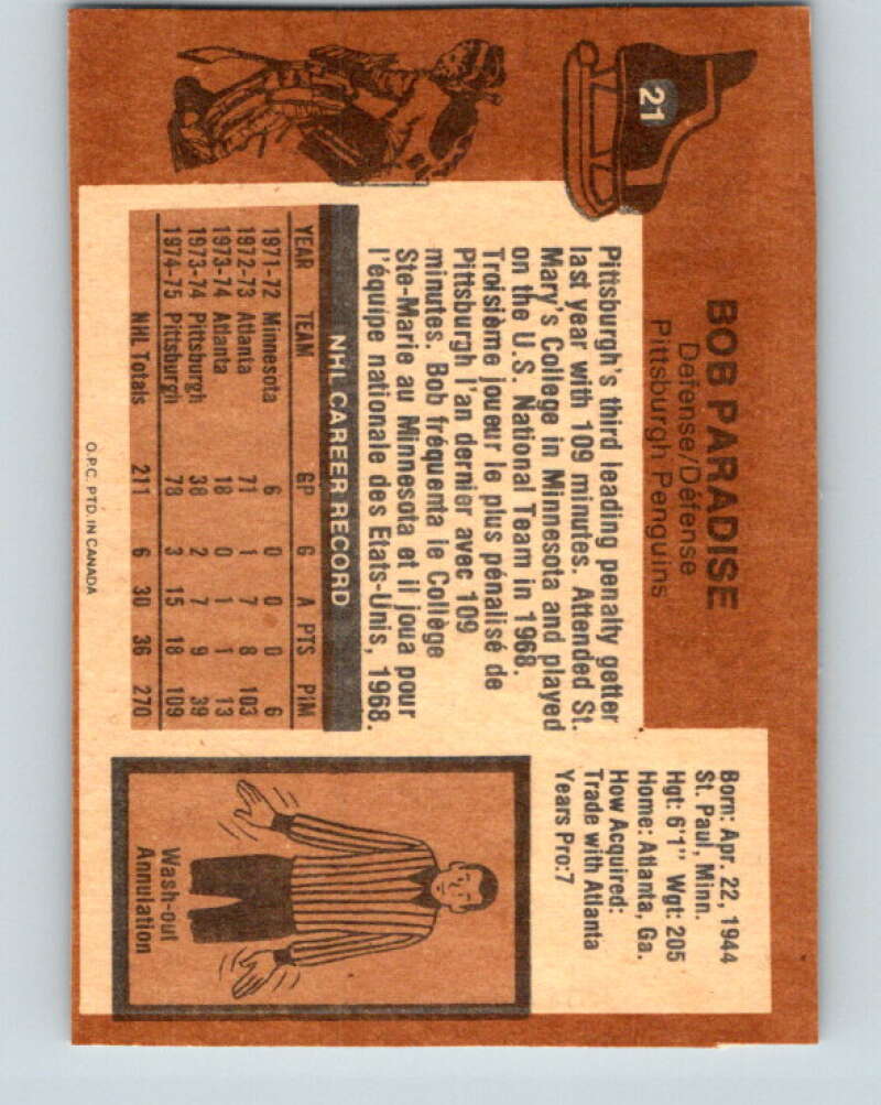 1975-76 O-Pee-Chee #21 Bob Paradise  Pittsburgh Penguins  V5291