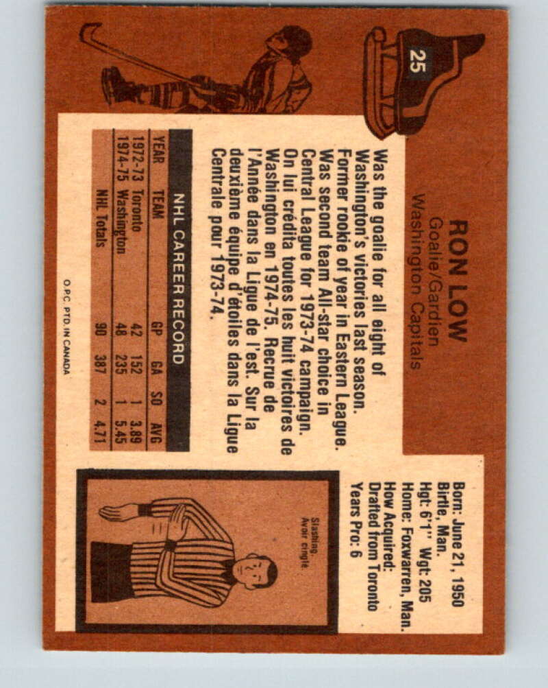 1975-76 O-Pee-Chee #25 Ron Low  Washington Capitals  V5304