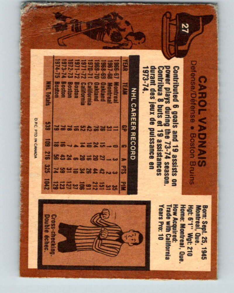 1975-76 O-Pee-Chee #27 Carol Vadnais  Boston Bruins  V5315