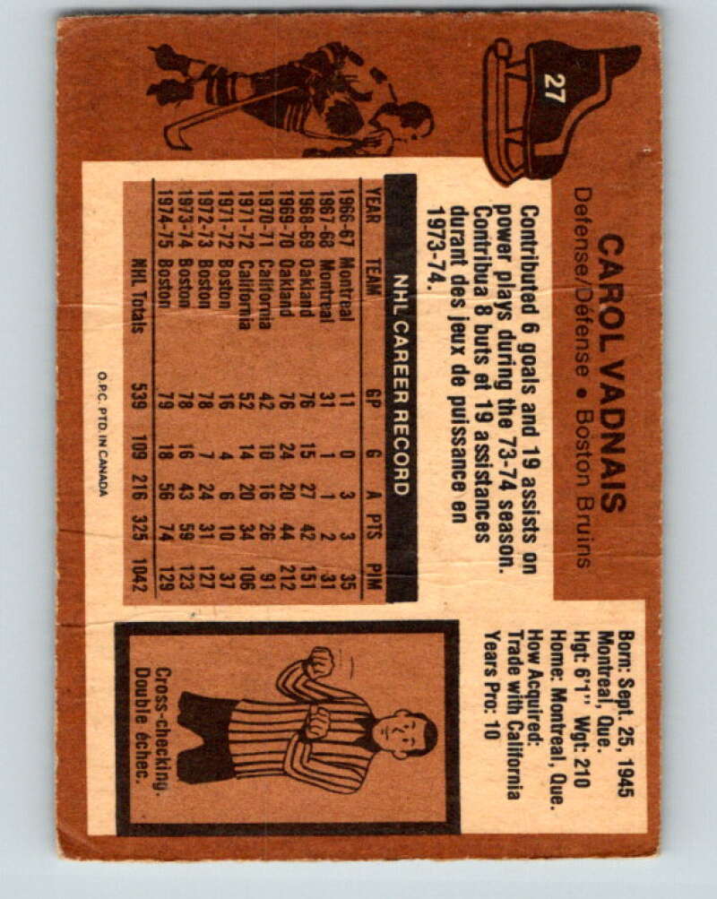1975-76 O-Pee-Chee #27 Carol Vadnais  Boston Bruins  V5317