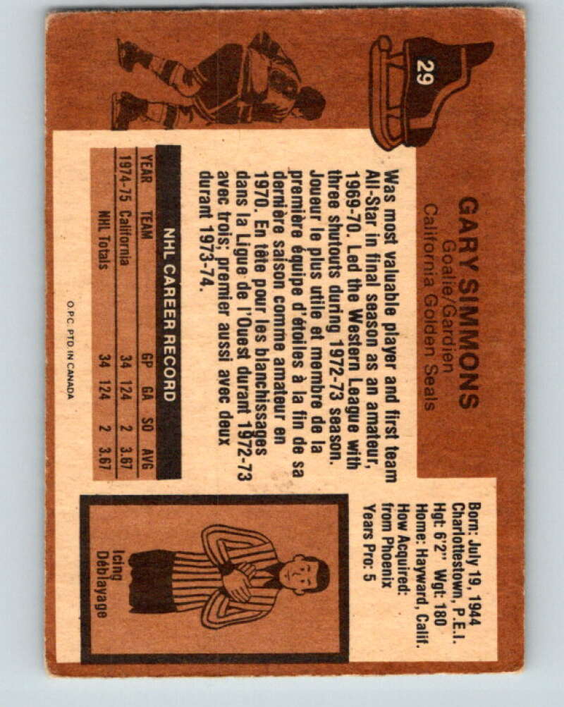 1975-76 O-Pee-Chee #29 Gary Simmons  California Golden Seals  V5327
