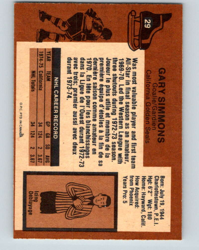 1975-76 O-Pee-Chee #29 Gary Simmons  California Golden Seals  V5329