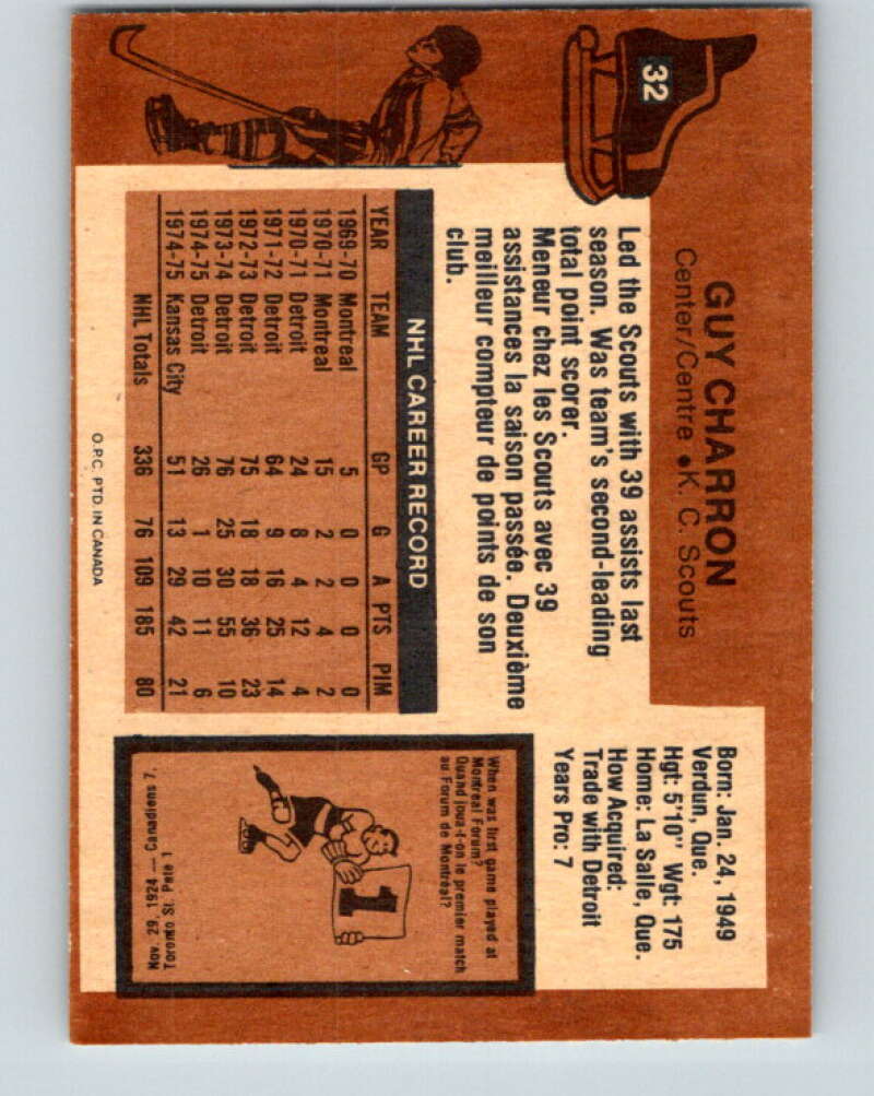 1975-76 O-Pee-Chee #32 Guy Charron  Kansas City Scouts  V5342