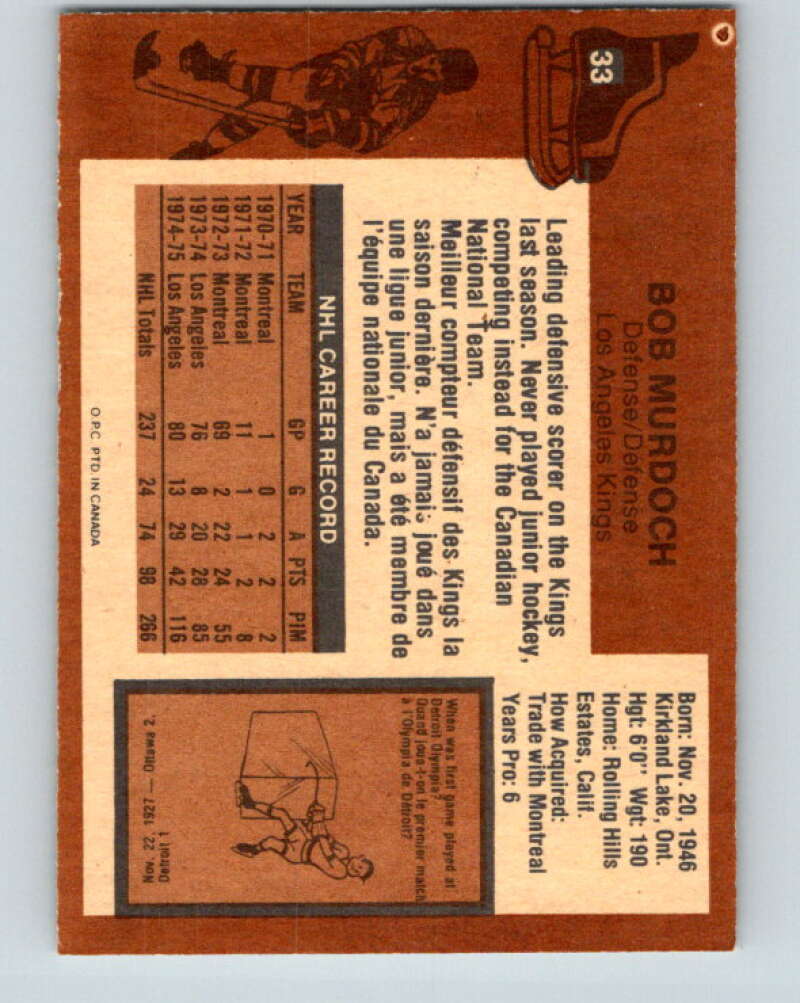 1975-76 O-Pee-Chee #33 Bob Murdoch  Los Angeles Kings  V5344