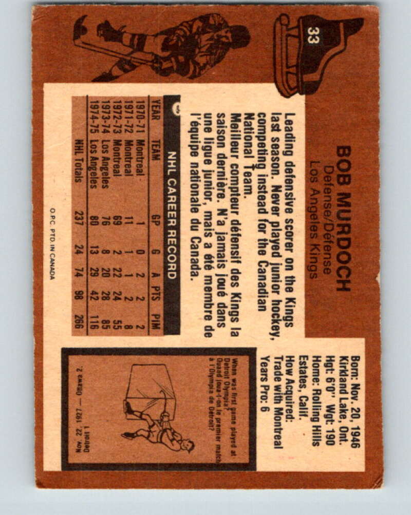 1975-76 O-Pee-Chee #33 Bob Murdoch  Los Angeles Kings  V5346