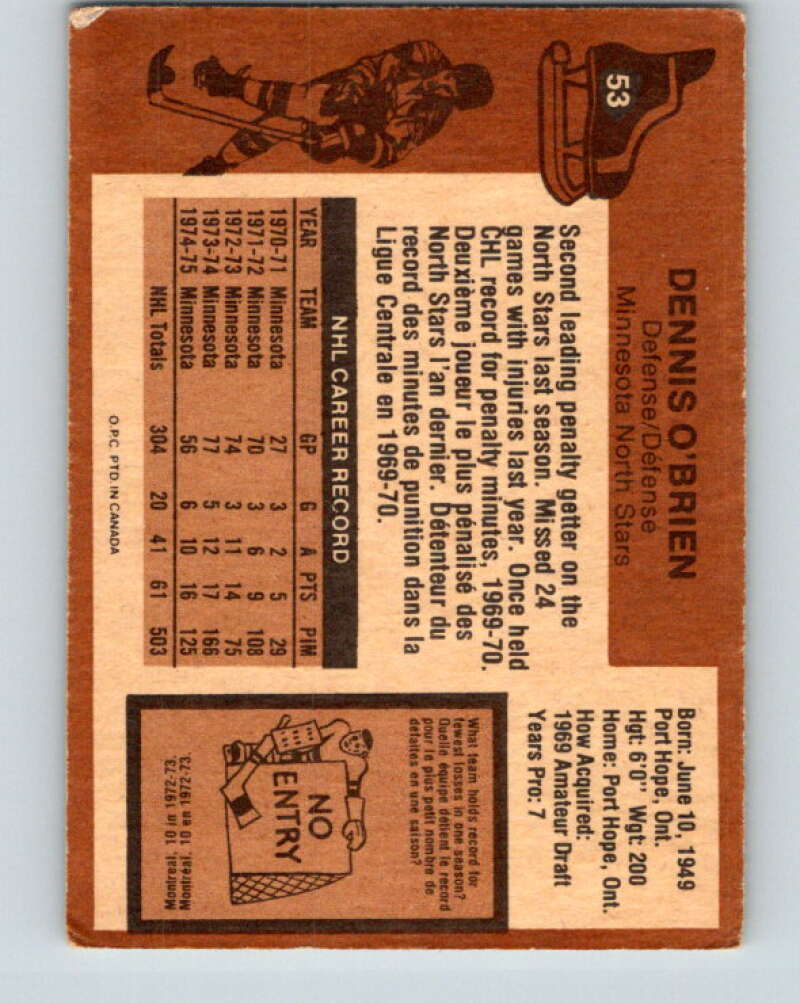 1975-76 O-Pee-Chee #53 Dennis O'Brien  Minnesota North Stars  V5415