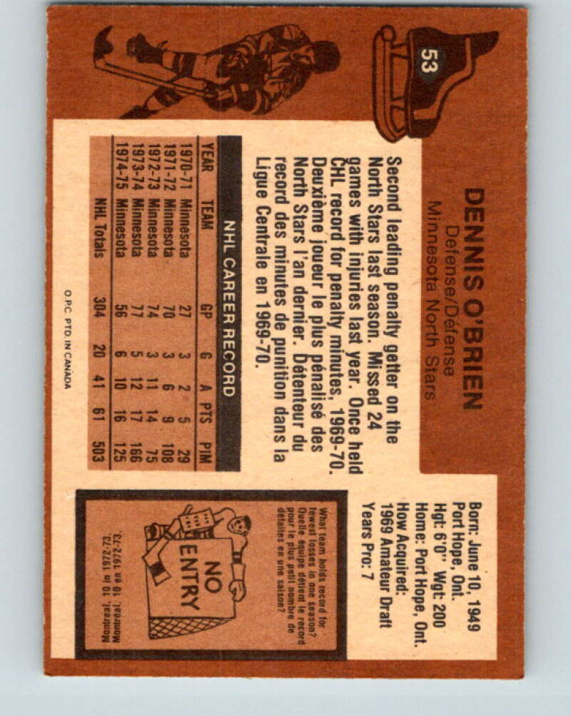 1975-76 O-Pee-Chee #53 Dennis O'Brien  Minnesota North Stars  V5417