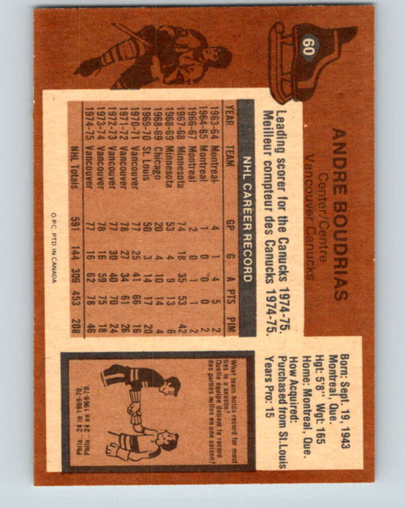 1975-76 O-Pee-Chee #60 Andre Boudrias  Vancouver Canucks  V5446