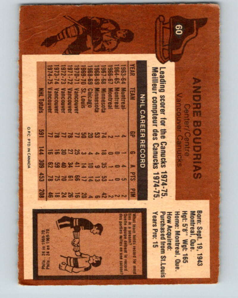 1975-76 O-Pee-Chee #60 Andre Boudrias  Vancouver Canucks  V5447