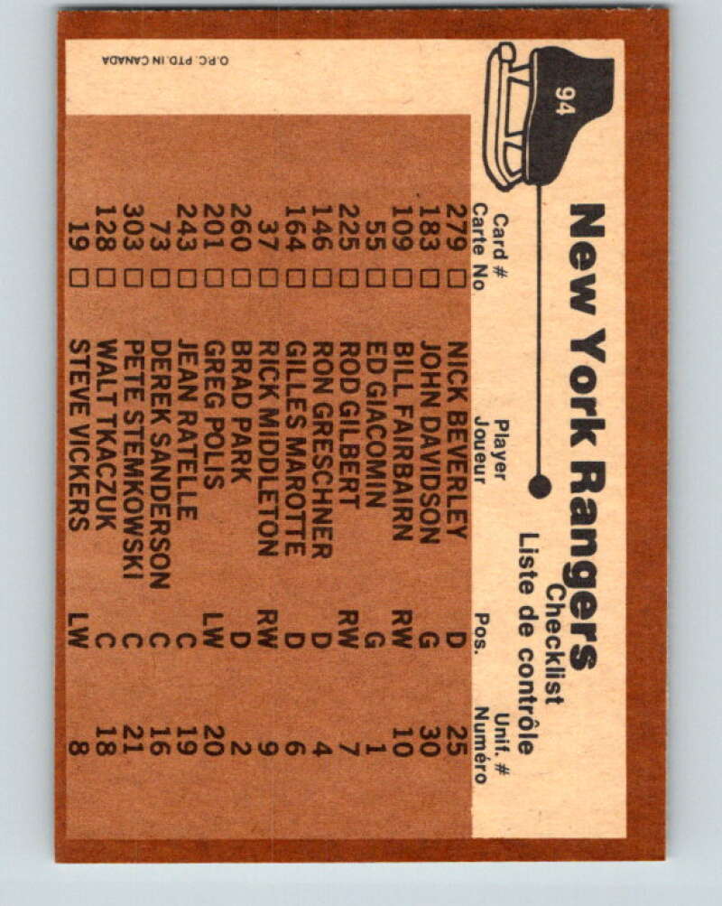 1975-76 O-Pee-Chee #94 New York Rangers CL  New York Rangers  V5580