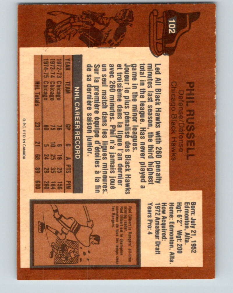 1975-76 O-Pee-Chee #102 Phil Russell  Chicago Blackhawks  V5617