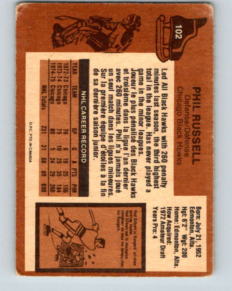 1975-76 O-Pee-Chee #102 Phil Russell  Chicago Blackhawks  V5618