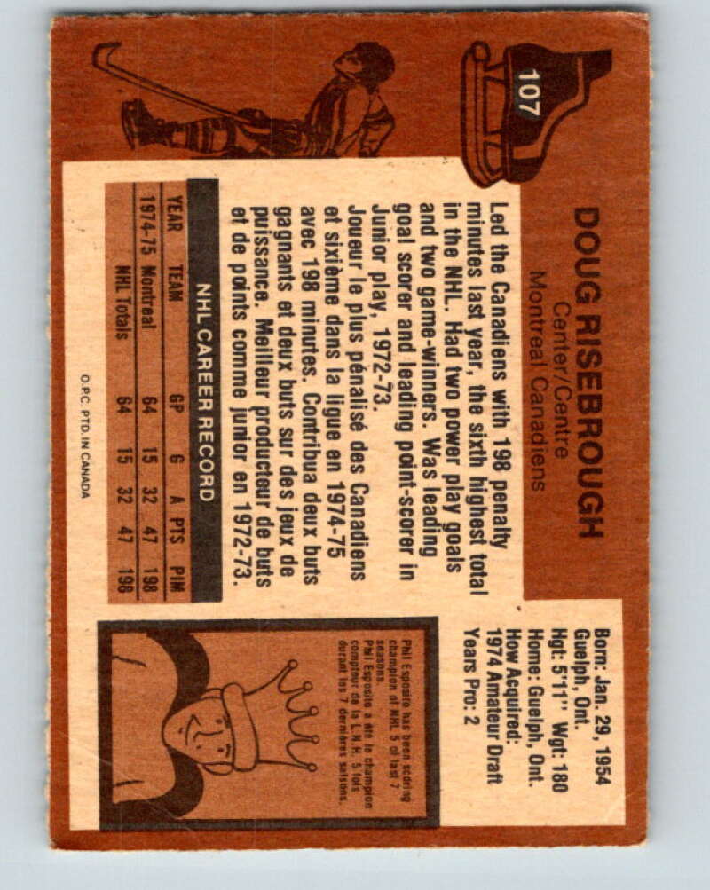 1975-76 O-Pee-Chee #107 Doug Risebrough UER  RC Rookie Canadiens  V5642