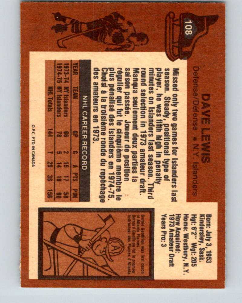 1975-76 O-Pee-Chee #108 Dave Lewis  New York Islanders  V5646