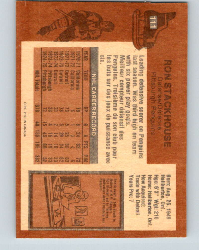 1975-76 O-Pee-Chee #111 Ron Stackhouse  Pittsburgh Penguins  V5662