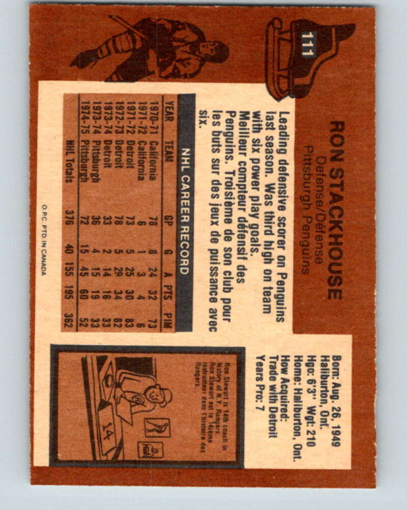 1975-76 O-Pee-Chee #111 Ron Stackhouse  Pittsburgh Penguins  V5663